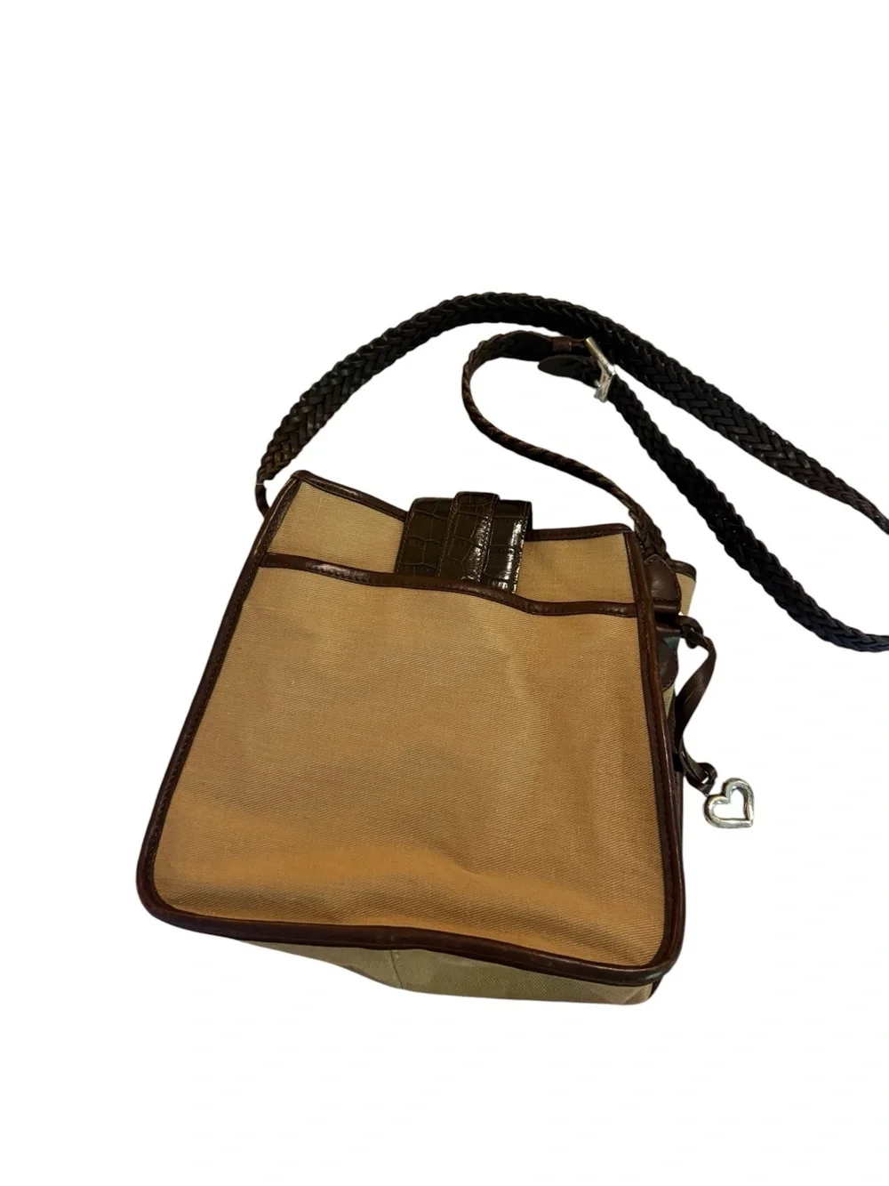 Brighton Vintage Canvas Leather Crossbody Bag Brown Heart Charm Y2K